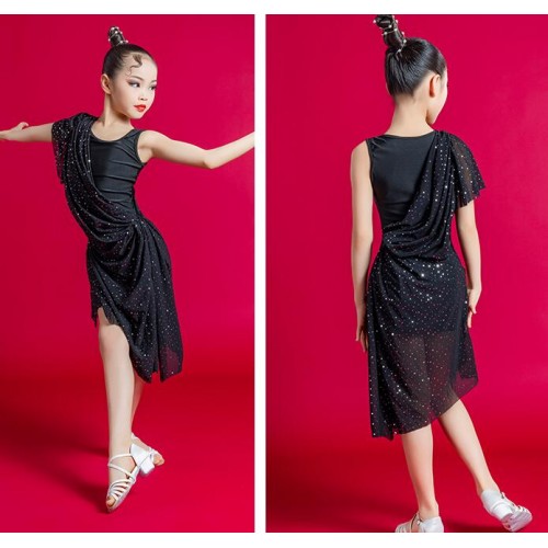 Girls black latin dance dresses irregular skirts Modern Dance latin performance clothing rumba chacha dance skirts for children